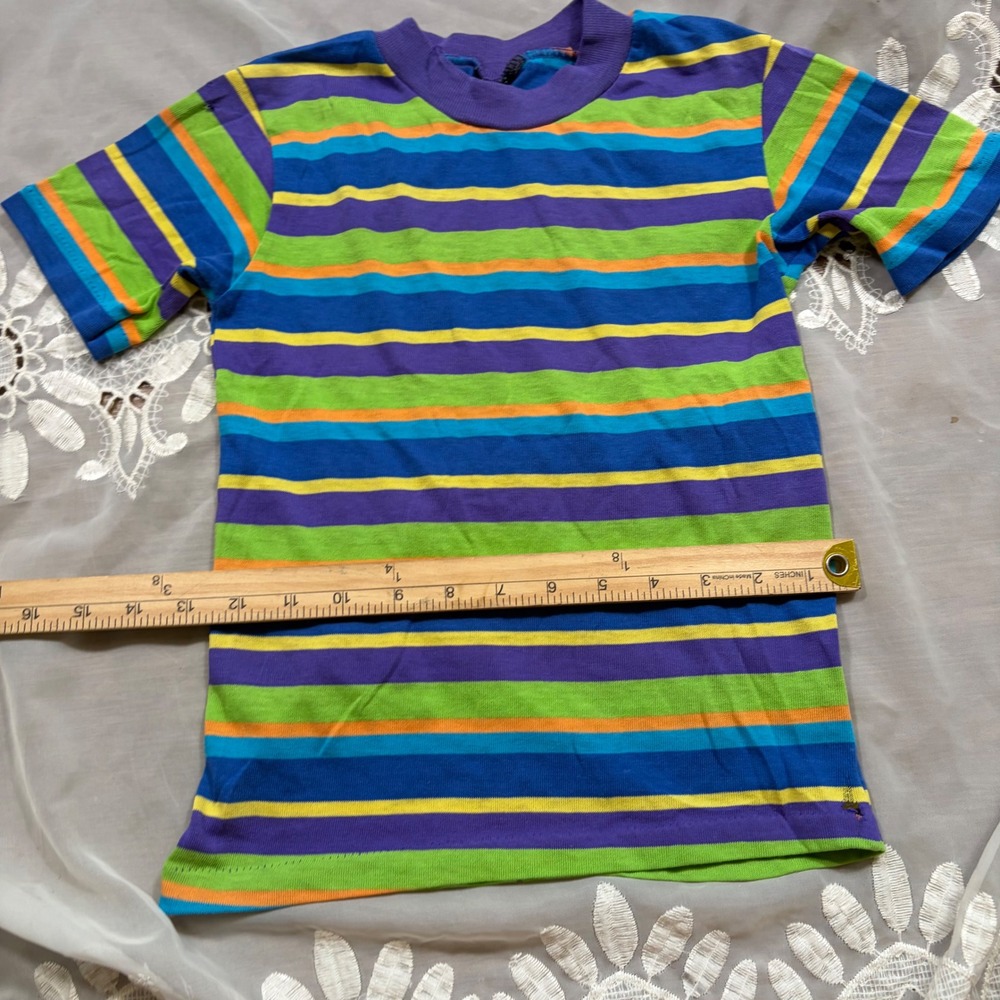 Vintage 70s Kids Multi Color Horizontal Striped Short Sleeve Crewneck T-Shirt - Picture 4 of 5